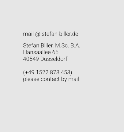 Kontakt: Stefan Biller, M.Sc. B.A., Hansaallee 65, 40549 Düsseldorf. Bitte per E-Mail kontaktieren. E-Mail-Adresse und Telefonnummer stehen als Links unter dem Bild.